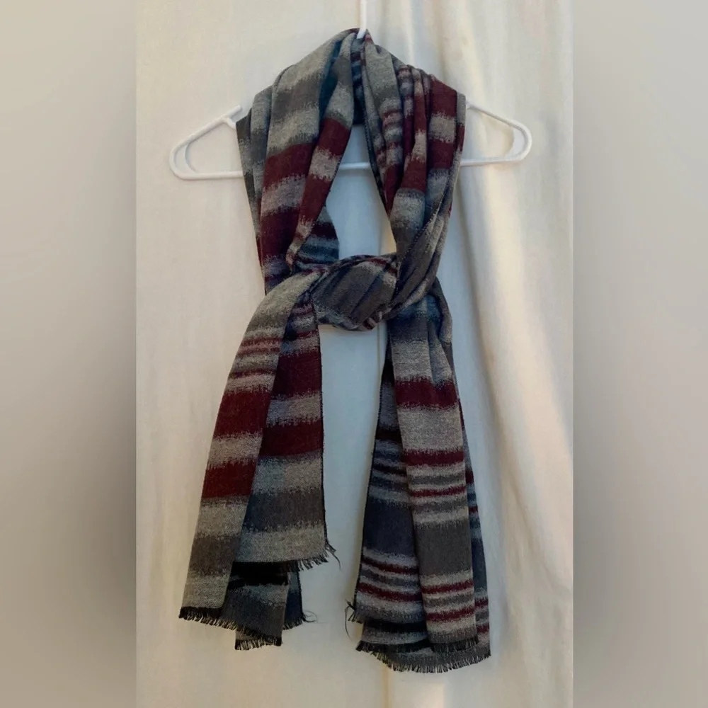 Striped Soft Lightweight Wool Scarf - Gray/Burgundy/Tan 74” x 26”